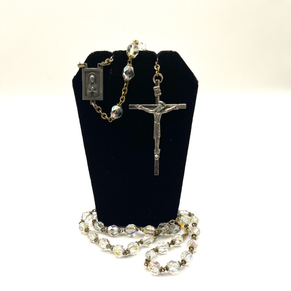 Rosary Aurora Borealis Bead Necklace with Crucifix Jesus Mary 59 Beads Vintage